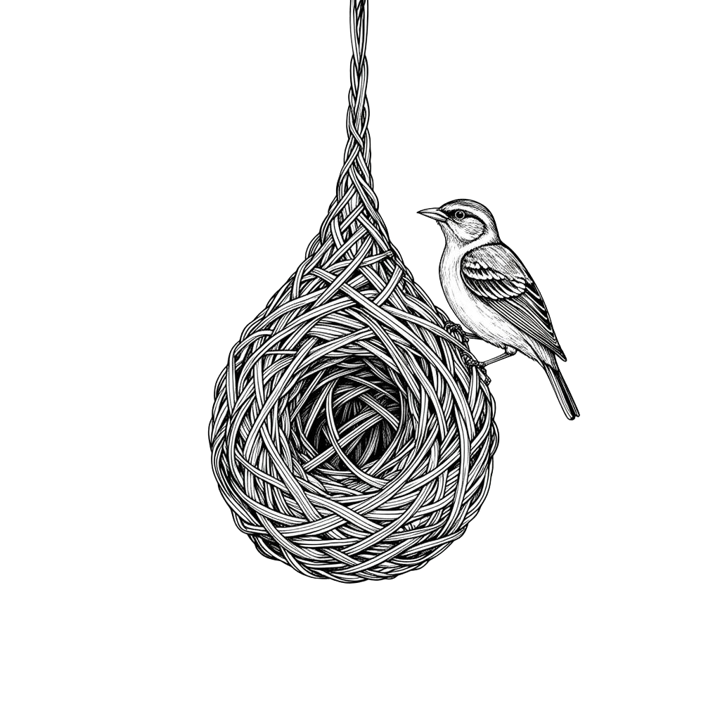 Line art illustration of a Baya Weaver bird perched on its intricately woven hanging nest